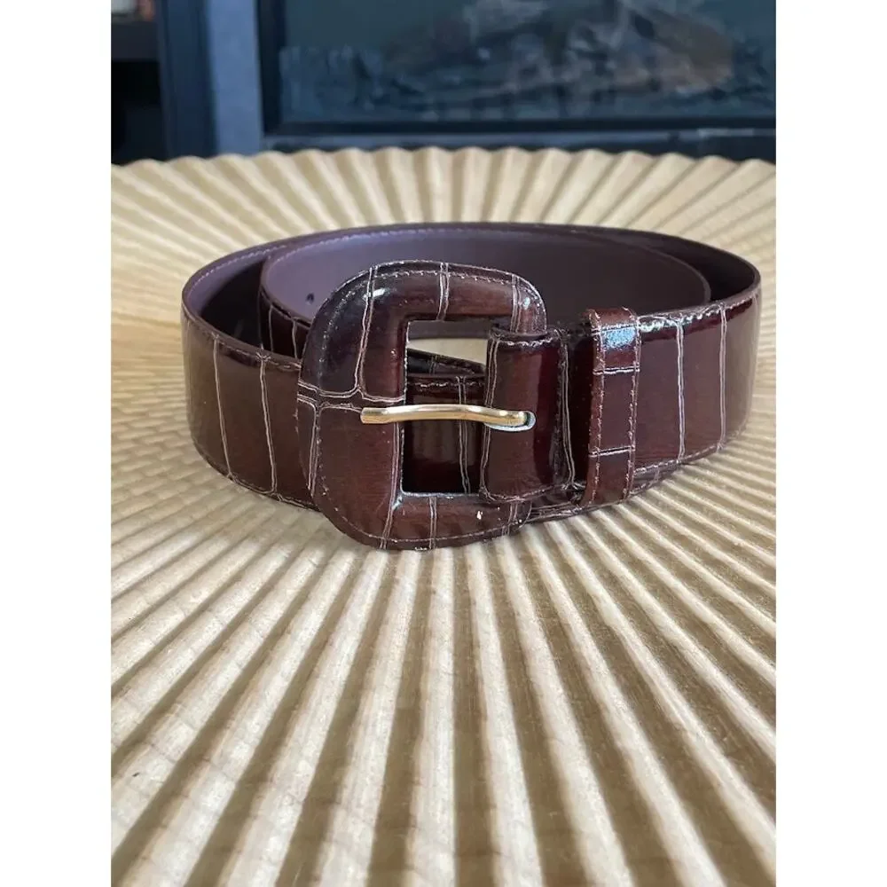 Womens Genuine Leather Reptile Print Wide Belt Espresso Brown Size M/L